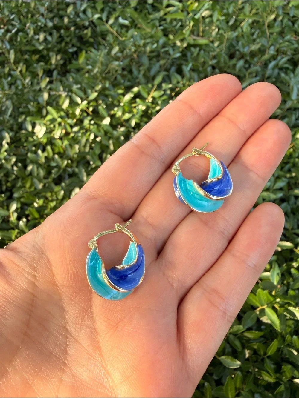 Gold-Tone Hoop Earrings with Blue & Teal Enamel - Picture 5 of 7